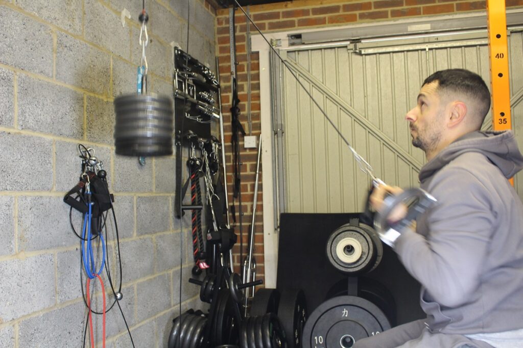 A cable setup in a home gym.