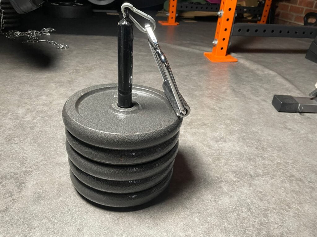 Weight plates on a loading pin with a carrying handle.